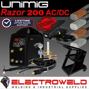 Unimig Razor 200 Acdc Tig Welder Foot Pedal Trolley 4kg Electrodes Torch