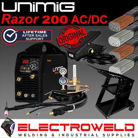 Unimig Razor 200 Acdc Tig Welder Foot Pedal Trolley 4kg Electrodes Torch