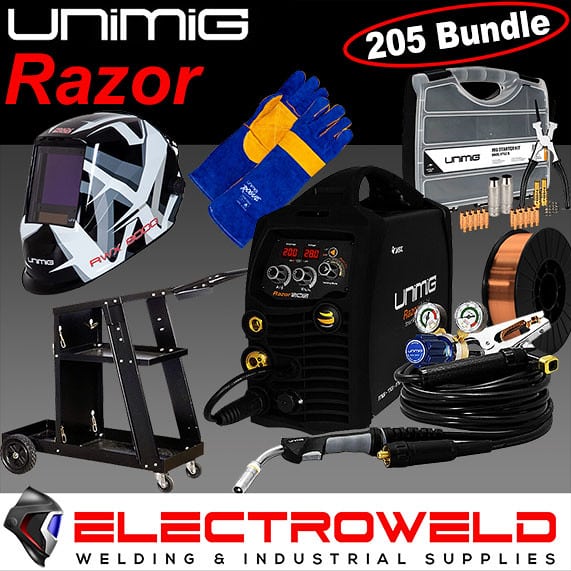 Unimig-Razor-205-Smart-Set-Welder-Helmet-Gloves-Wire-Trolley-Consumables-1