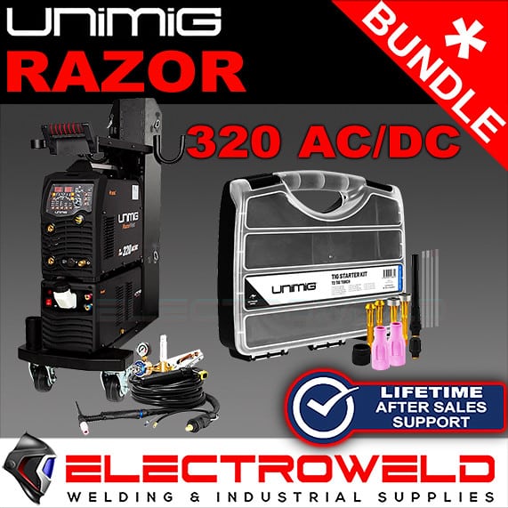 Unimig-Razor-320-Acdc-Bundle-welder-Cooler-Trolley-Consumables-T3w-Tig-Torch